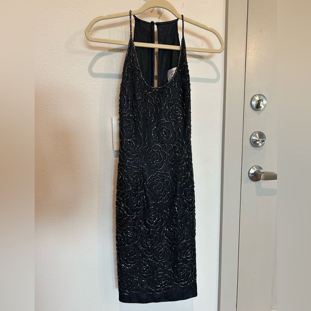 Black floral beaded Carmen Marc Valvo cocktail dress